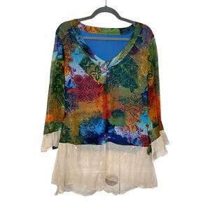 Victorian Tailor L Floral Tie Dye Boho Blouse Sheer Lace Hem Cottagecore Art Top